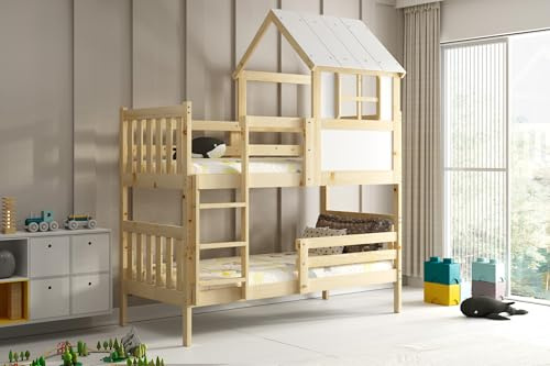 Interbeds Etagenbett Hochbett 190x90cm Hausbett Naturholz Massivholz 2 Plätze mit Rausfallschutz mit Lattenrost Bettgestell trennbar in 2 Einzelbetten ohne Matratze (190x90cm)