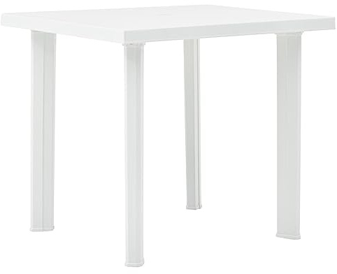 QUAHEAS Table de jardin blanche 80 x 75 x 72 cm, en plastique robuste, avec trou pour parasol, table de terrasse résistante aux intempéries pour jardin, balcon, terrasse et camping