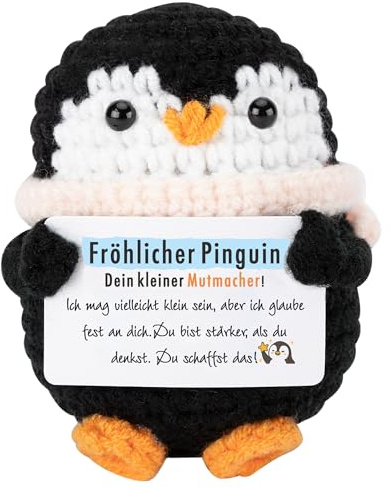 RysmMake Fröhlicher Pinguin Plüsch - Handgefertigter Glücksbringer mit Mutmacher-Message für Kinder und Erwachsene, Perfektes Gute-Besserung-Geschenk