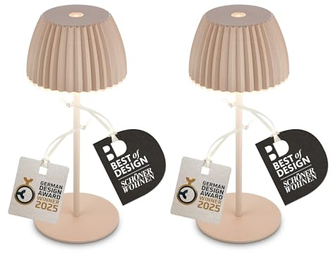 BRILONER - 2er-Set Riffle Mini LED Tischlampen kabellos IP44 mit Lichtkante, 8,5x20 cm, Touchdimmer, Akku tauschbar, Nachttischlampe, LED Lampe, Akku Lampe, German Design Award Winner 2025, Beige
