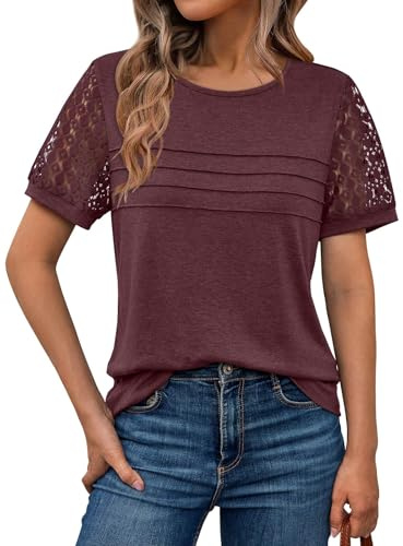 LILLUSORY Womens Tops Autumn Lace Short Sleeve Ladies T Shirts UK | Crew Neck,Basic Elegant Tshirts,Business Casual Blouse,Plus Size Clothes,Dressy Capsule Wardrobe Clothing 2026,Easy Matching