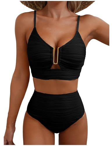 CSYX Bikini Damen Set Push Up High Waist Bikinis Bauchweg Curvy Badeanzug Strukturierte Oberteil Bustier Sexy V Ausschnitt Zweiteiliger Bademode Frauen U-Wire Badeanzüge Swimsuit