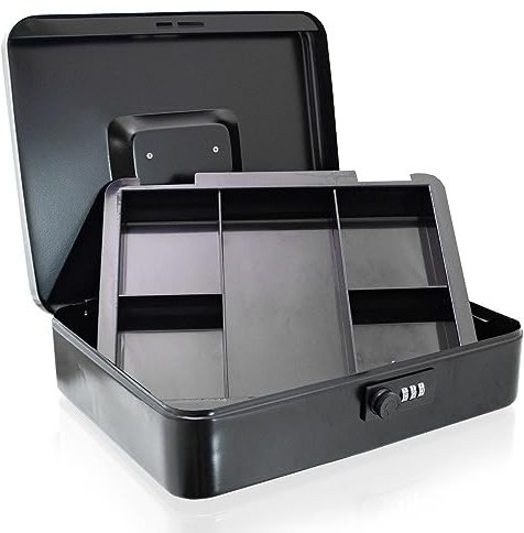 BITUXX Geldkassette 30 cm groß flach abschließbar Münz Geld Zählbrett Kasse schwarz 300mm (mit Münzeinlage und Zahlenschloss)
