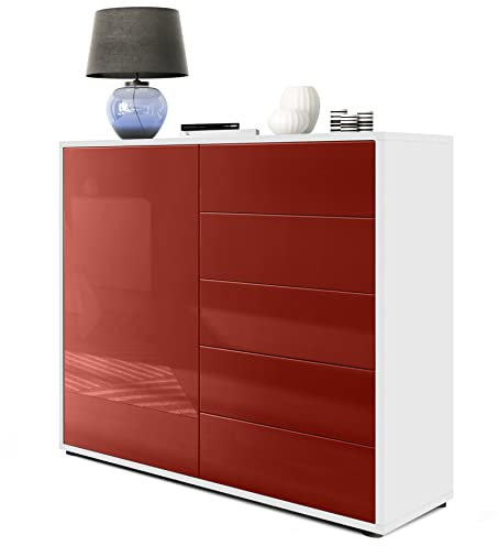 Vladon Sideboard Ben V2, Made in Germany, Kommode mit 1 Tür und 5 Schubladen, Weiß matt/Bordeaux Hochglanz (79 x 74 x 36 cm)