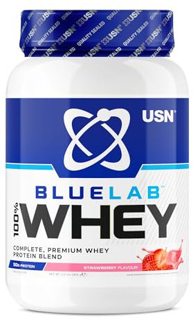 USN Blue Lab Whey - Boisson Protéinée en Poudre, Protéines de Lactosérum & BCAA, Prise de Masse & Récupération, Shaker Post-Entraînement, Saveur Fraise, 908 g, NBLW02