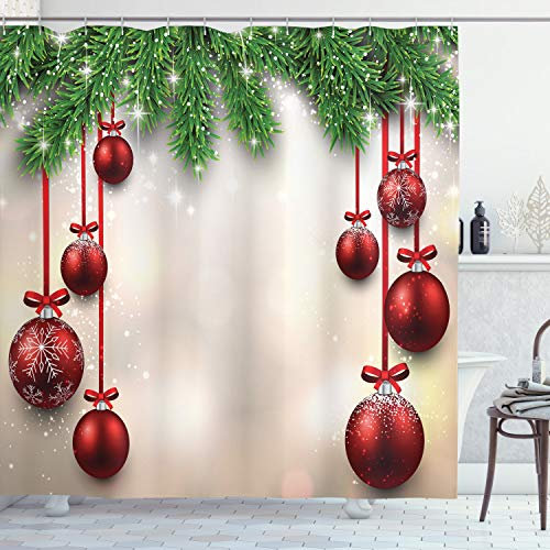 ABAKUHAUS Natale Tenda da Doccia, Sfere Rosse Nastri, Tessuto Set di Decorazioni per il Bagno con Ganci, per la vasca da bagno, 175 cm x 240 cm, Verde e rosso