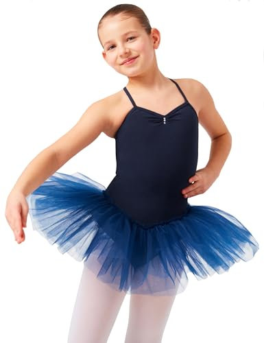 tanzmuster Ballettkleid Mädchen Tutu - Kim - weicher Baumwollstoff - Glitzersteine - Ballett Trikot mit Tüllrock für Kinder - marineblau, 140/146
