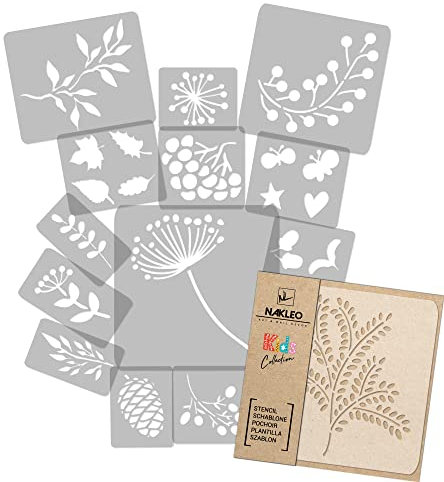 NAKLEO Schablonen Malen für Kinderzimmer, 14 Stück Set 9x12 bis 23x34cm Herbst Pflanzen, Wiederverwendbare Kunststoff Malvorlage Raumdekoration, Basteln DIY Wand Möbel Papier Stoff