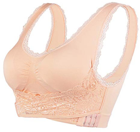 Vertvie Damen Sport BH Spitzen BH Frauen Bustier Lace Bra Dünn Front Closure Push Up Ohne Bügel Top für Yoga Fitness Training Stretch Wohlfühl-BH (XL, A-Hautfarbe)