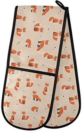 RXYY Doppelt Ofenhandschuh Niedlich Tier Fuchs Stelle Muster Hitze Beständig Gesteppt Baumwolle Küche Topflappen Lange Ofenhandschuhe für Kochen Backen Grillen