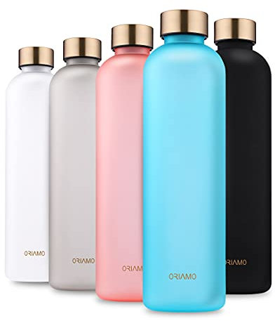 Oriamo® Trinkflasche 1l - auslaufsicher, Kohlensäure geeignet - motivierende Zeitmarkierung als Trinkerinnerung - Wasserflasche aus Tritan für Sport, Fitness, Büro und für Unterwegs