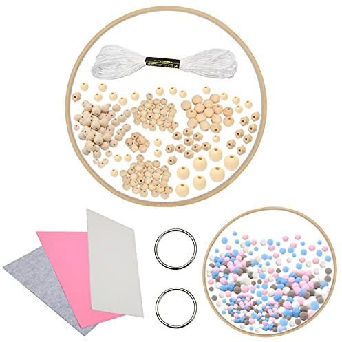 LLGLEU DIY Bambus Mobilen Rahmen mit Holzperlen Filzstoff Filzbällen zum Basteln von Baby Mobiles Wind Glockenspiel Bettglocke für Babybett Kinderzimmer Dekor (Typ1)