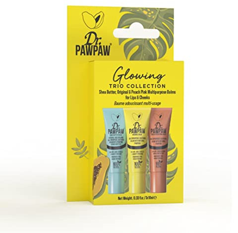 Dr.PAWPAW - Set regalo Glowing Trio, burro di karitè, rosa pesca, multiuso, naturale, senza profumo, balsamo per idratare labbra, pelle, capelli, cuticole, unghie e finiture di bellezza (3 x 10 ml)
