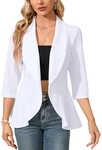 Clearlove Business Jersey Blazer - Blazer da donna, elegante, sportivo, sciancrato, maniche a 3/4, bianco, S