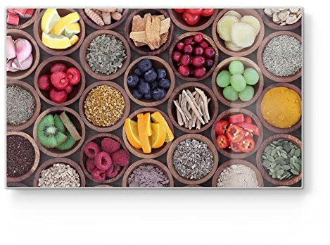 DEQORI Frühstücksbrett Glas | klein 23x14 cm | Motiv Superfood-Ensemble | Design Schneidebrett für Küche | Frühstücksbrettchen antibakteriell & rutschfest | Glasplatte & Servierplatte