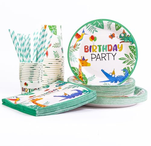 Stoviglie Per Feste 125 Pezzi Piatti Carta Set,Piatti e Bicchieri per Feste di Compleanno,Piatti e Bicchieri Tovagliolo Cannuccia per Compleanno Baby Shower Matrimonio-25 Invités (verde)