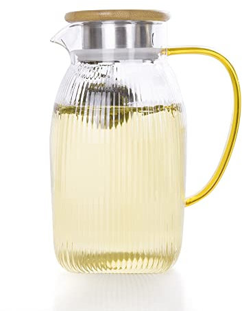 Eden & Willow Glass Water Jug with Bamboo Lid for Fridge | Ripple Large Pitcher, Glass Carafe with Handle for Serving Hot & Cold Beverages, 1.7L