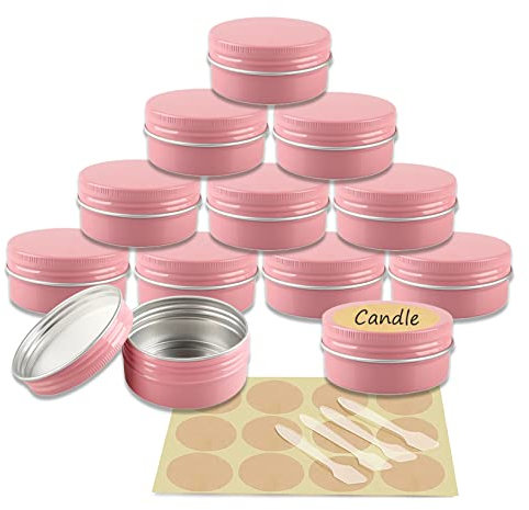 YANCAER 24 Pack 50ml - D57mm x H28mm Pink Screw Top Aluminum Tin Jars Round with Screw Lid and Blank Labels, Cosmetics Pots Containers for DIY Candle, Crafts, Lip Balms, Salves, Travel