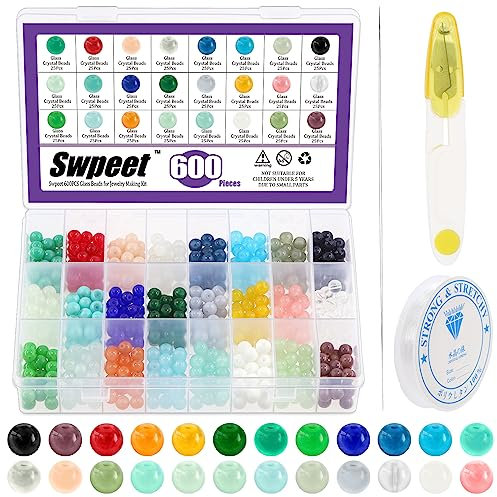 Swpeet Lot de 603 Perles Rondes en Verre de 24 Couleurs - Kit de Fabrication de Bijoux et Bracelets 8 mm avec Ciseaux et Cordons Élastiques
