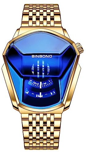 JewelryWe Herrenuhr Edelstahl Uhren Herren - Blau Analog Quarz Armbanduhr mit Gold Edelstahl Armband 30 wasserdichte Kein Zeiger Konzeptuhr Motorrad Uhr für Männer Junge