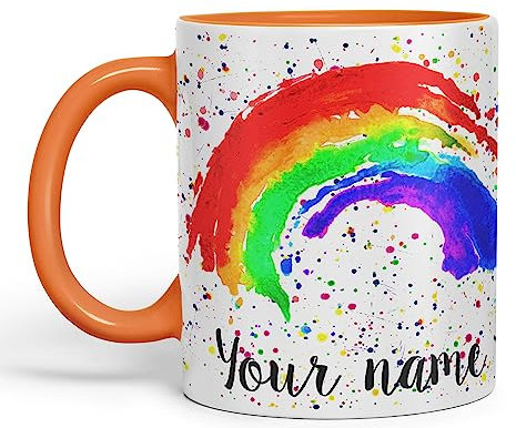 Vixar Personalised with Your Text Rainbow Watercolour Art Coloured Ceramic Mug Cup Gift 330ml 11oz Custom Work Office Tea Coffee (O1) (Orange)