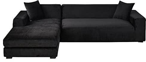 GUYIRT Samt Sofabezug L Form, 2-teiliger Stretch L Form Sofa überzug rutschfest Couchbezug L Form Weicher Möbelschutz Für Ecksofa -Schwarz-4+3 Sitzer