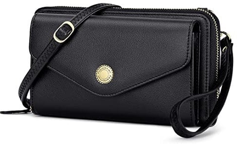 Peacocktion Damen Umhängetasche, Kleine Crossbody Taschen Schultertasche, Handgelenkstaschen Geldbörse mit Crossbody und Handgelenk 2 Riemen, Handytasche zum Umhängen mit RFID Kartenhalter, 06-Schwarz