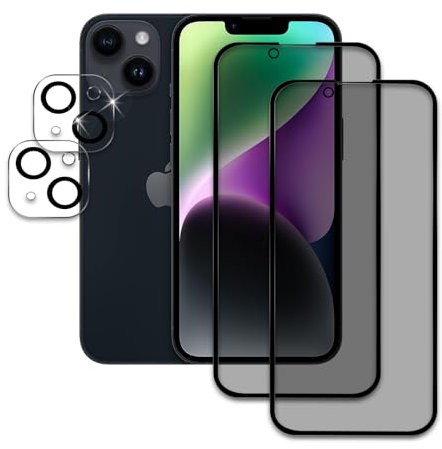 2 Pièces Verre Trempé Anti-Espion pour iPhone 14 avec 2 Pièces Protection d'Objectif de Caméra, 9H Film Protection Écran, Sans Bulles, Film Protecteur Vitre