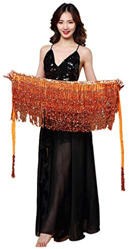 Damen-Rock, Quasten, Schal, Tanz-Pailletten, Kostüm, Wickel-Perlen-Outfit, Gürtelrock, Kuh-Druck, Rock, Bauchtanz, Hüfttuch (Farbe: Schwarz, Größe: Einheitsgröße) (Einheitsgröße Orange)
