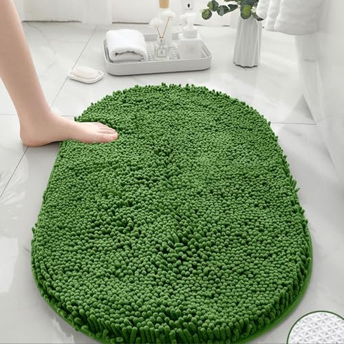 Mateju Tapis de Bain Antidérapant, Ovale Tapis Salle de Bain Absorbant en Microfibre Chenille Tapis de Douche, Doux et Confortable Tapis de Sol Lavable (50x80CM,Vert forêt)
