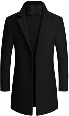 ECDAHICC Men's Winter Casual Notch Collar Slim Fit Wool Coat Single Breasted Long Sleeve Quilted Business Coat, black, L