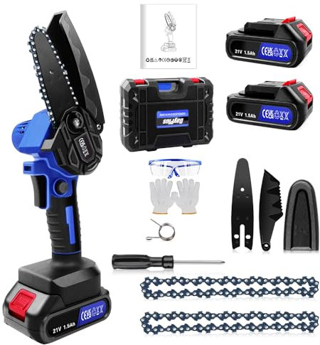 Mini Chainsaw Cordless 4 inch with 2x1.5Ah Batteries and Charger, 2200RPM Speed Cordless Electric Chain Saws, Powerful Cordless Chainsaw for Wood Cutting Tree Trimming Gardening, 2 Spare Chains