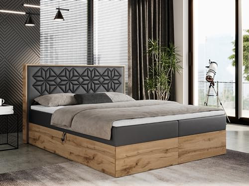 MKS MEBLE Boxspringbett 140x200 cm mit Bettkasten und Kopfteil, Polsterbett mit Matratze H3 und Topper T25, Boxspringbett mit Massivholz - Nessi - Dunkelgrau Kunstleder
