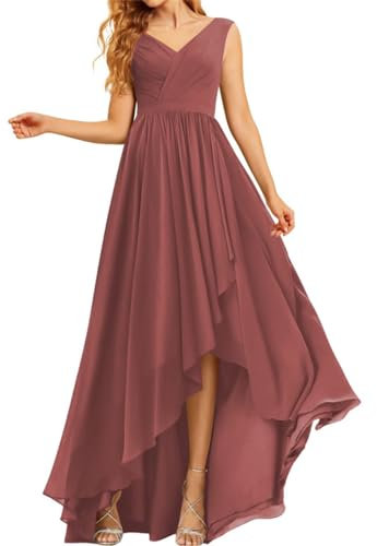 Robe de demoiselle d'honneur longue froncée en mousseline de soie avec col en V et poches pour femme, Rose cannelle., 52