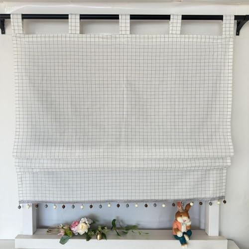 Vordesack Blickdichter Raffrollo mit Karo-Muster Landhausstil Gardinen mit Quasten-Kante Raffgardine mit Schlaufen Wohnzimmer Gardinenschal Küche 1 Stück Weiß HxB 140x120cm
