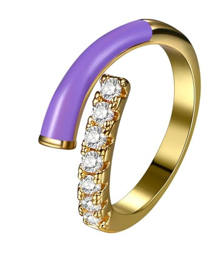JewelryWe Emaille Ring Damen Knöchelringe: Lila Emaille Süße Preppy Damen-Ring Edelstahl Zirkonia Offene Fingerringe Hypoallergen Verstellbarer Knuckle Pinky Ringe für Frau Mädchen Tochter