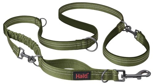 HALTI Anatomy Multifunktionsleine – Doppelführleine mit Zwei Karabinern und Ruckdämpfer, ideal zum Gassigehen & Hundetraining. Reflektierend & leicht. Geeignet für Welpen (Größe L, Grün)
