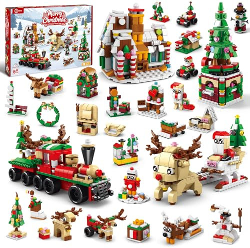 AKWME 28-in-1 Weihnachten Bauset mit, 1235-teiliges Weihnachtsbaustein Spielzeug für Kinder, Weihnachtsmann, Weihnachtsbaum, Eisenbahn, Haus, Tierbausteinen Partygeschenke Jungen Mädchen 6-12