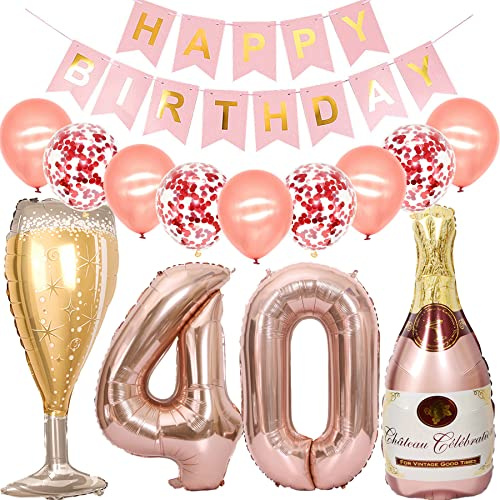Feelairy Luftballon 40. Geburtstag Deko Frau, Rosegold Folienballon Weinflasche Sektflasche Helium Ballon Champagner Flasche, Girlande Happy Birthday Deko für Geburtstagsdeko 40 Jahre Frauen