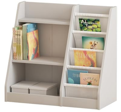 KEEPREAPER Kinderregal Montessori mit 4 Ablage und 3 offenen Fächern, Bücherregal für Kinder, Spielzeug-Organizer, 64x30x60cm (Grau-kleinformat)