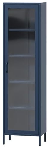 Jan Nowak 1-türiger Vitrinenschrank - Luigi | 50 x 180 x 35 cm | 4 Verstellbare Ablagen, Gehärtetes Glas, Wandmontage | Glasvitrine Stehend, Vitrine Glas, Wohmzimmerschrank Glitzernd | Dunkelblau