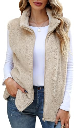 Yuson Girl Gilet Donna Gilet da Teddy Pile Senza Maniche Morbido Smanicato Elegante Autunno Inverno Gilet Termico Leggero Gilet in Pile con Tasche Caldo Gilet con Cerniera Softshell(Cachi, XL)
