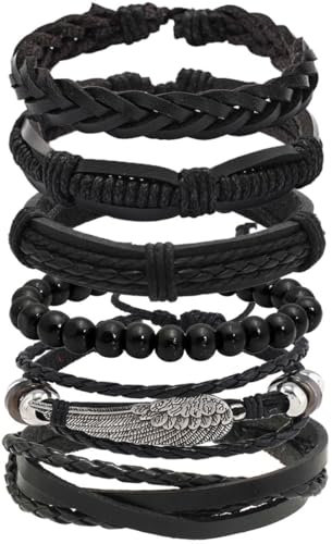 YUBBYSTU 6 pièces Bracelet en cuir tressé Punk Gothique Rock Manchette Multicouche Cordon Vintage Longueur Réglable Bracelets en Cuir Tressé,Cordon Vintage Homme Femme