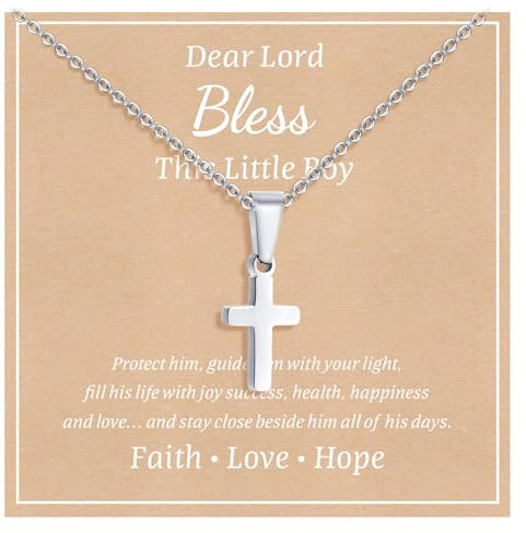 Stainless Steel Cross Necklace for Boys & Girls - Silver & Gold Cross Chain Necklace for Christmas, First Communion, Baptism & Gifts for Teenage Girls, Boys, Son, Nephew, Toddler