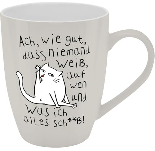 GRUSS & CO Becher mit Motiv Niemand weiß | Tasse mit Spruch, New Bone China Porzellan, 35 cl, mit Geschenkbaderole | lustiges Geschenk, Geburtstag | 74208