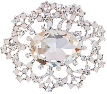 Vintage Kristall Brosche, Oval Art Deco Design, Silberfarben mit Strass-Steinen