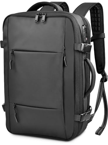 travel inspira Reiserucksack Handgepäck Flugzeug Vakuum Rucksack mit Pumpe | Erweiterbar von 45L auf 65L mit 17.3 Laptopfach TSA-Schloss 50% Platzsparend Vakuumbeutel Abnehmbar LED-Licht und SOS-Signal