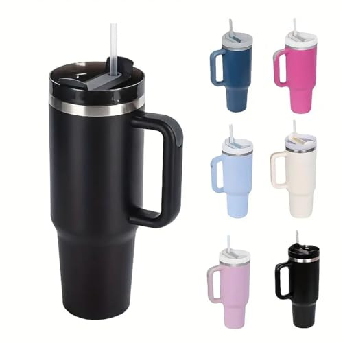 Travel Mug Coffee Cup 40oz Tumbler Straw Lid and Handle, Stainless Steel Insulated Water Bottle - Leakproof, Insulated Water Bottle with Handle and Straw Cup for Home, Office, Car, Travel (Black)