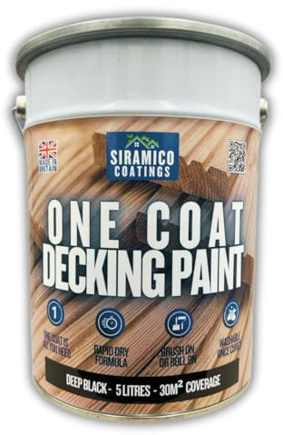 SIRAMICO COATINGS One Coat Anti-Slip Decking Paint | 5 litres | 7 Luxury Colours I Mould & UV Resistant Formula | White - Grey - Sage Green - Black - Brick Red (Black)