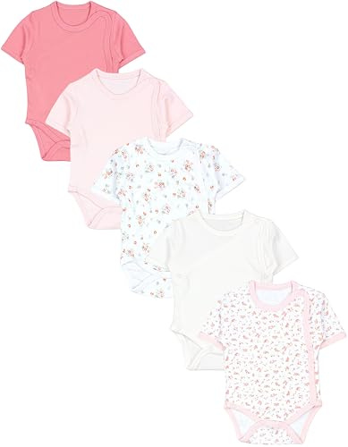 TupTam Baby Body Mädchen 5er Set – Kurzarm Wickelbody aus Baumwolle mit Print, Atmungsaktiv und Hautfreundlich, Farbe: Blumen Puderrosa Weiß Ecru, Größe: 68
